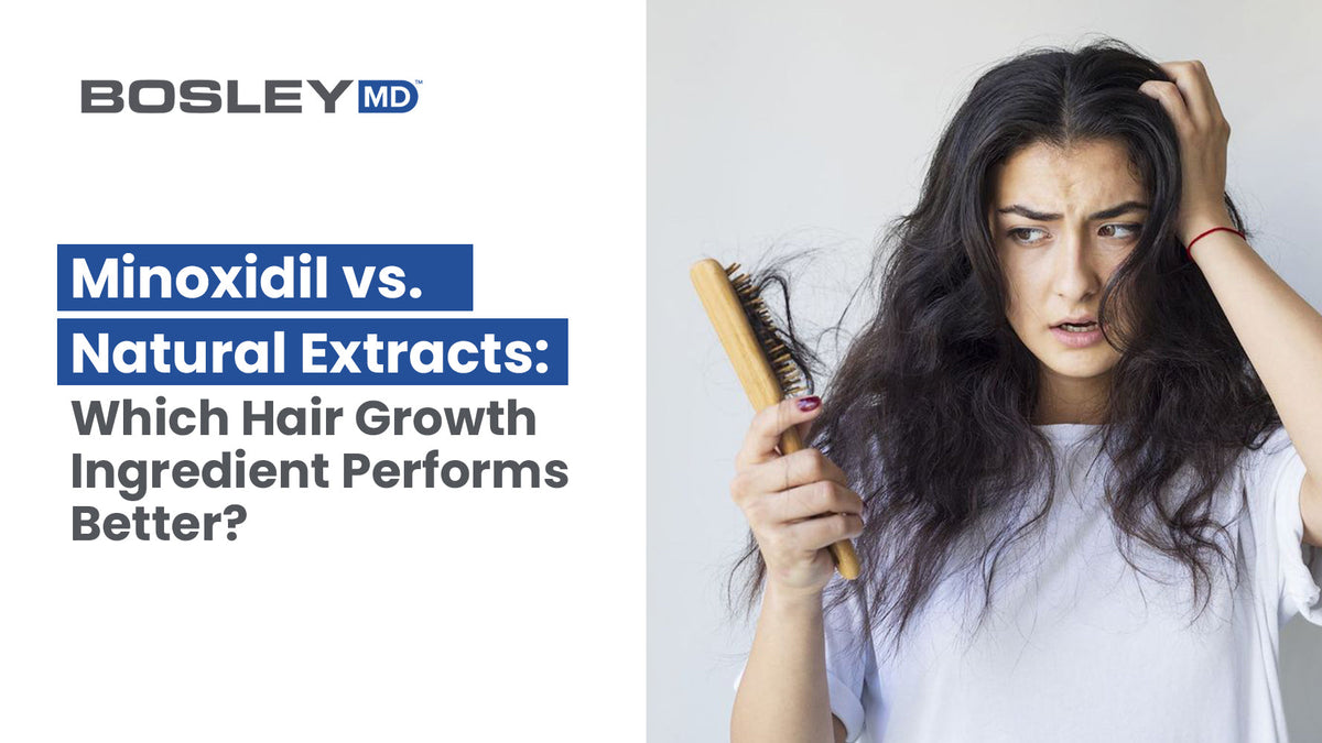 A concerned woman with tangled hair holds a brush filled with strands with the text that reads "Minoxidil vs. Natural Extracts: Which Hair Growth Ingredient Performs Better?"