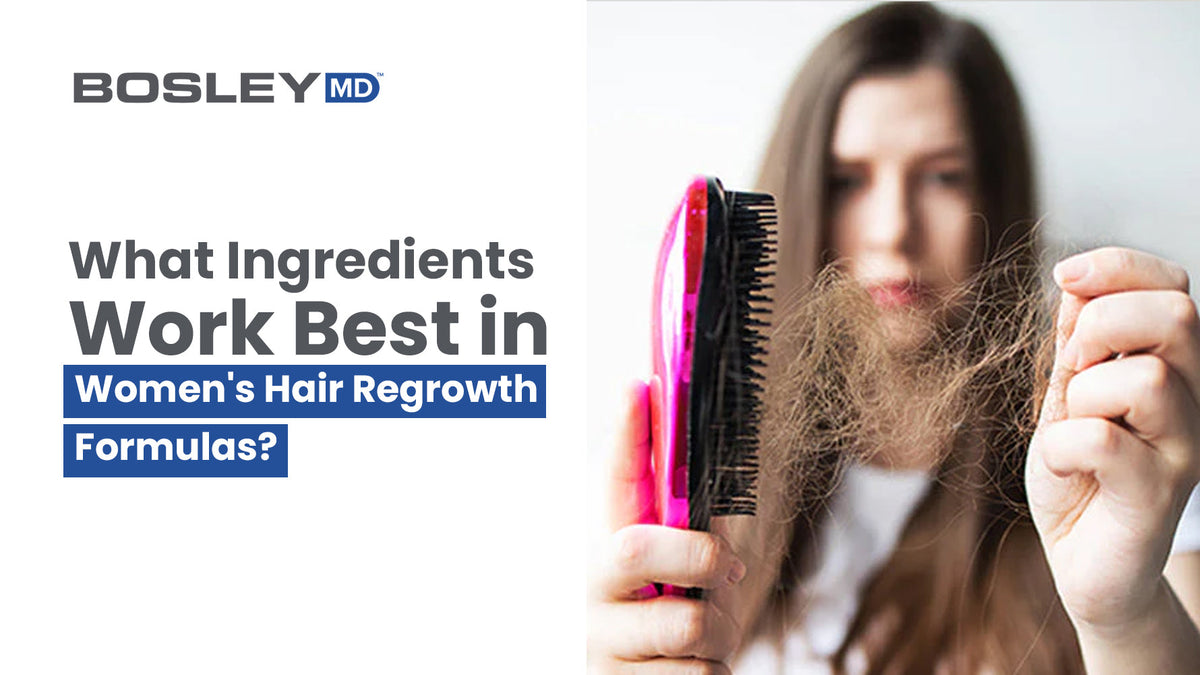 A blog banner with a woman holding a brush filled with hair with the text that says "What Ingredients Work Best in Women's Hair Regrowth Formulas?"