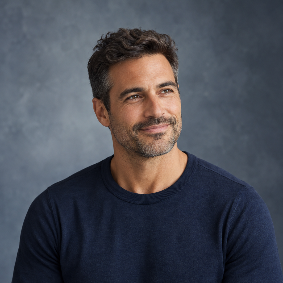 Man with short textured dark hair wearing a navy shirt