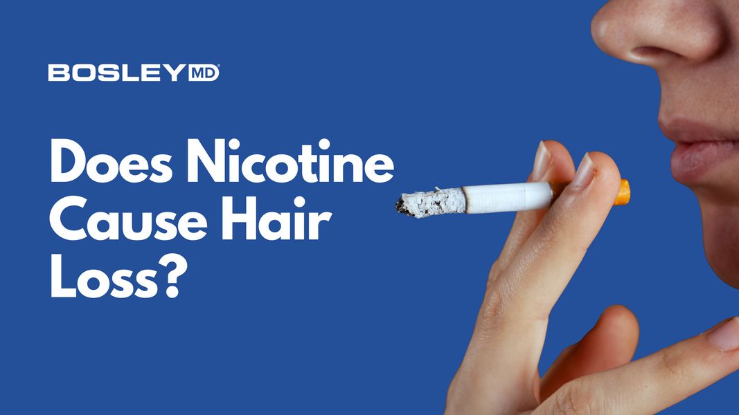 Person smoking a cigarette with a text next to it "does nicotine cause hair loss".