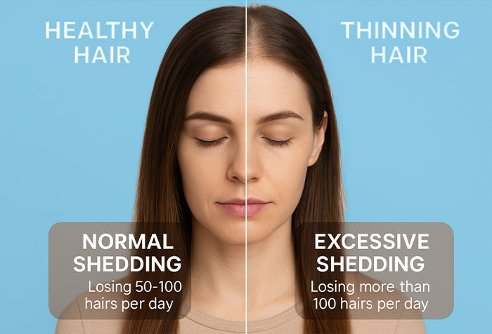 A picture of a woman with one side showing healthy hair and the other side showing thinning hair