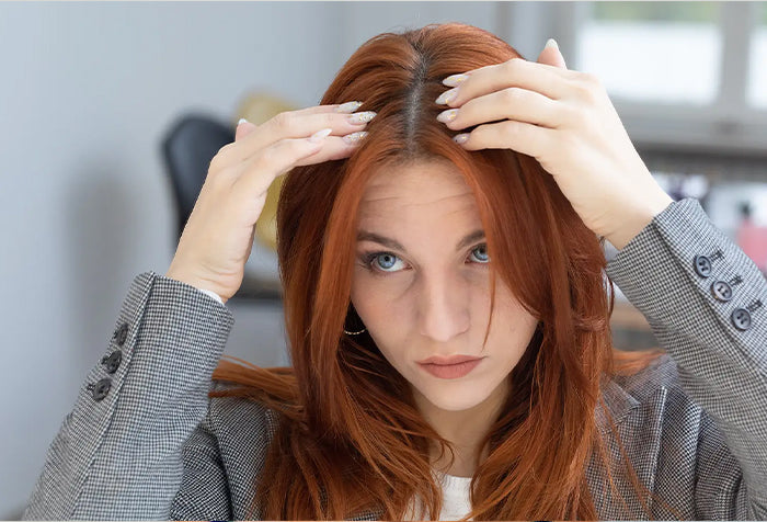 Woman with red hair inspecting her scalp