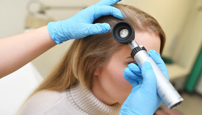 A dermatologist inspecting a woman's scalp