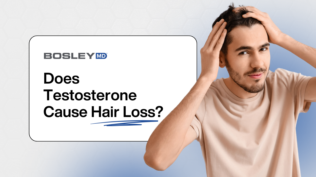 A man holding his hair with both his hands and the text next to him says " Does testosterone cause hair loss?"