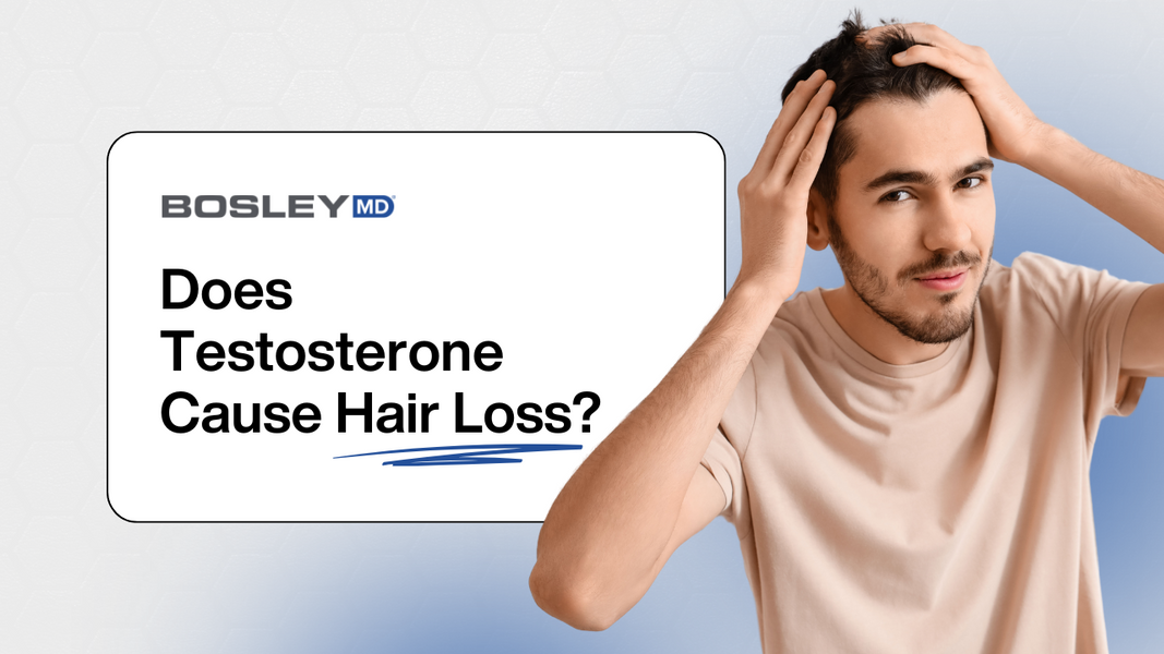 A man holding his hair with both his hands and the text next to him says " Does testosterone cause hair loss?"