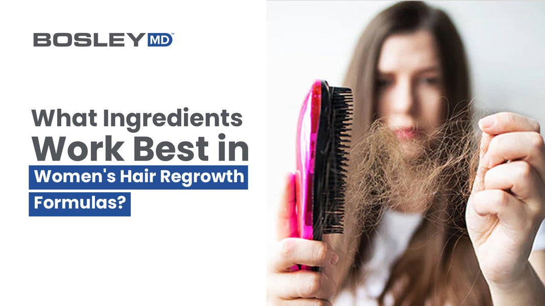 A blog banner with a woman holding a brush filled with hair with the text that says "What Ingredients Work Best in Women's Hair Regrowth Formulas?" 