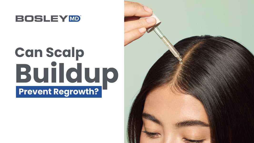 A blog banner with woman applying hair serum with a dropper to scalp. with the text that says reads "Can Scalp Buildup Prevent Regrowth?" 