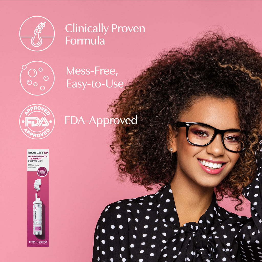 BosleyMD Hair regrowth treatment for women. Clinically proven formula, mess-free easy-to-use, FDA-approved.