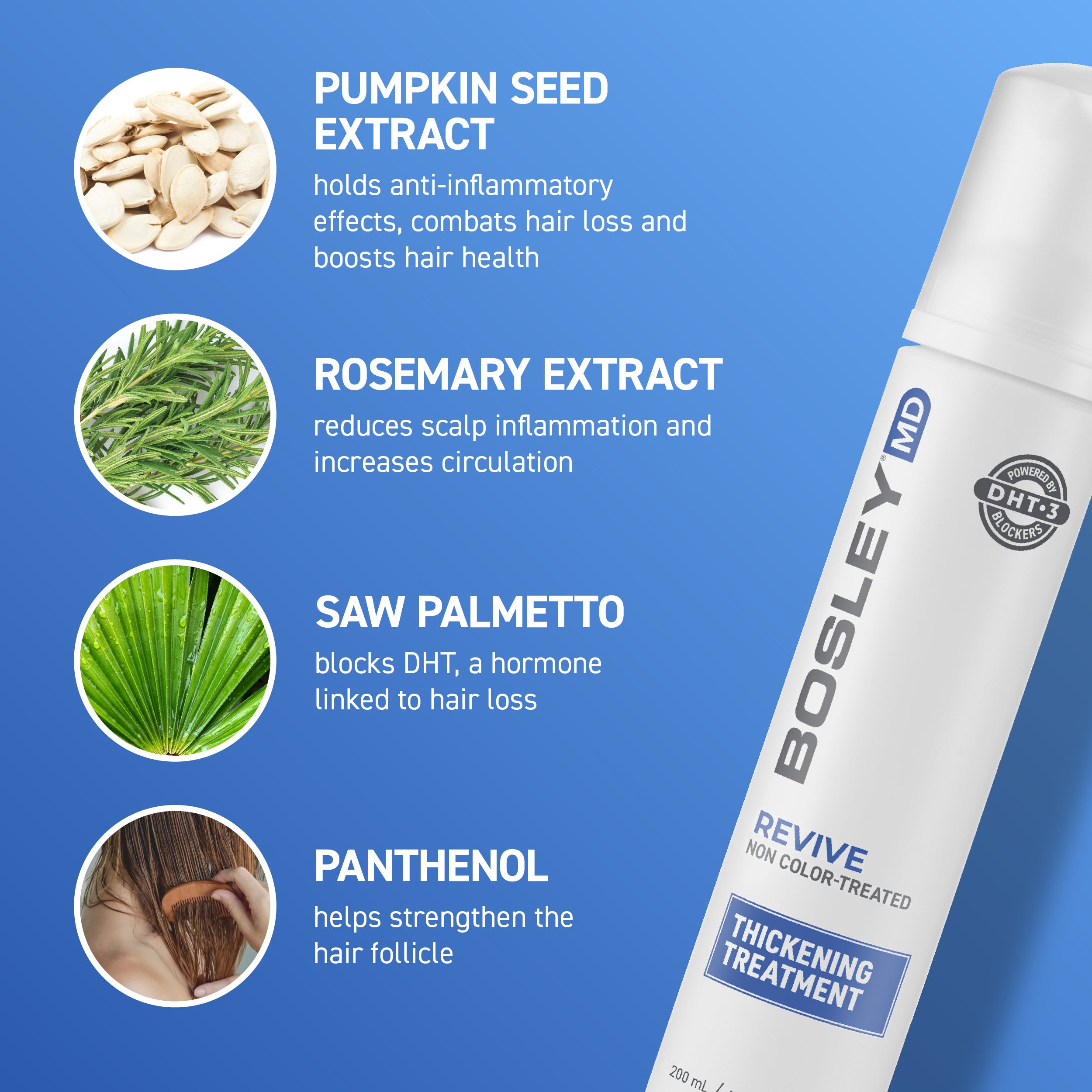 BosleyMd Revive Non Color-Treated Thickening Treatment. Pumpkin seed extract, rosemary extract, saw palmetto, panthenol.