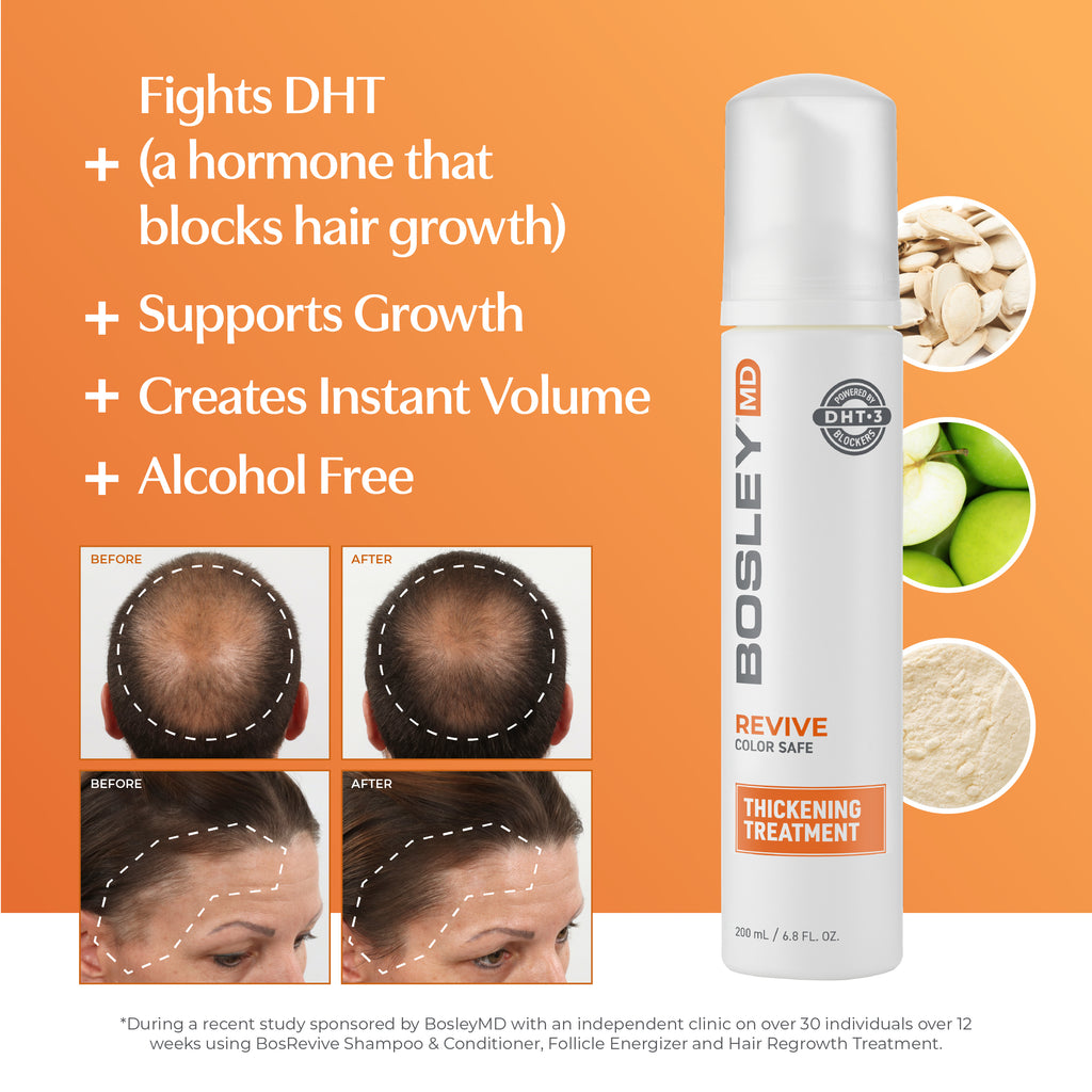 BosleyMD Revive Color Safe Thickening Treatment. Fights DHT, supports growth, creates instant volume, alcohol free.