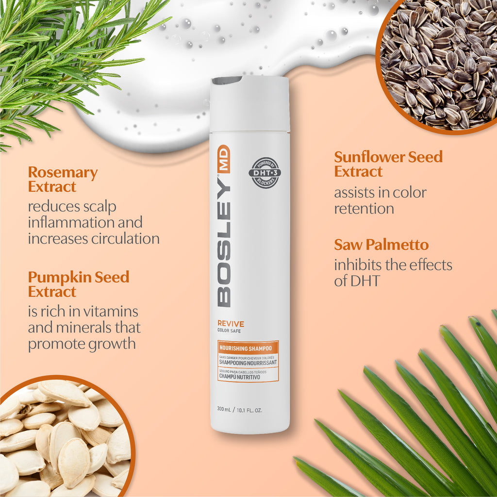 BosleyMD Revive Color Safe Nourishing Shampoo with ingredients.