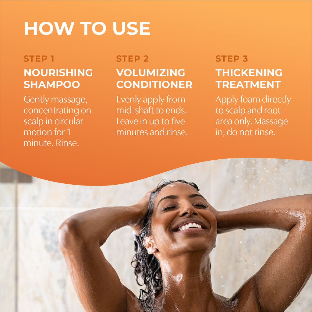How to Use. Step 1 Nourishing Shampoo. Step 2 Volumizing Conditioner. Step 3 Thickening Treatment.