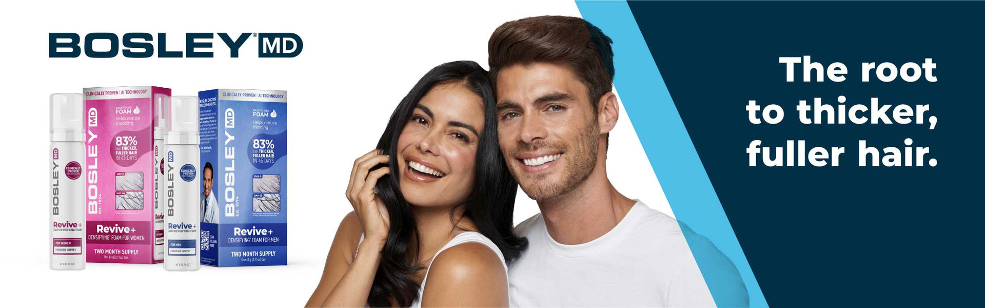 BosleyMD Revive+ products for men and women. The root to thicker, fuller hair.