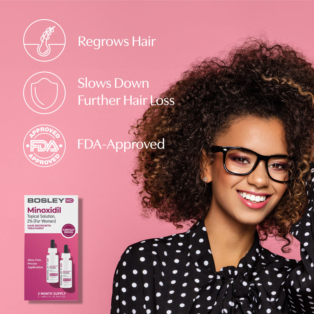 BosleyMD Minoxidil Topical Solution 2% for Women, regrows hair, slows down further hair loss, FDA-approved.