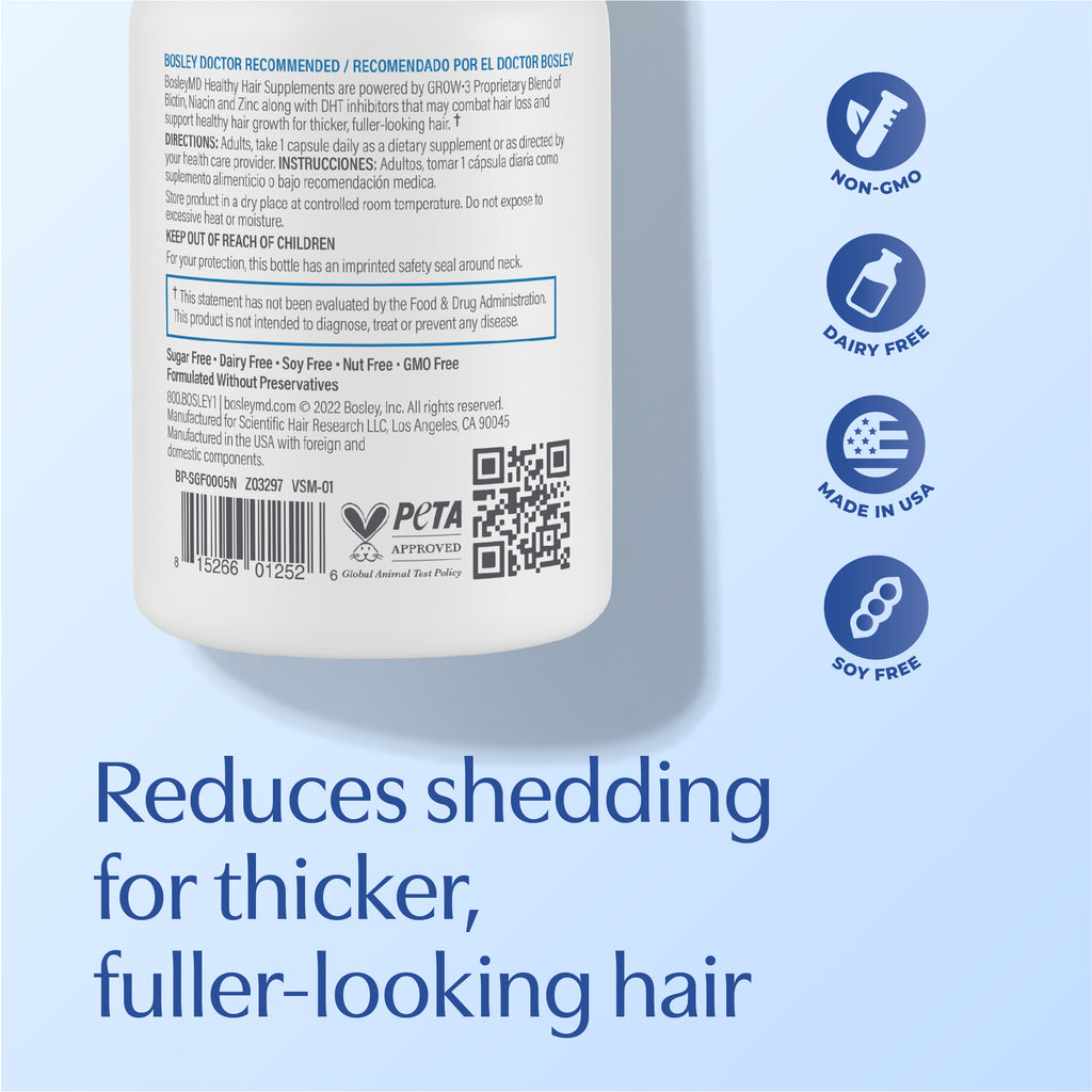 Back of the bottle. Reduces shedding for thicker, fuller-looking hair.