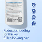 Back of the bottle. Reduces shedding for thicker, fuller-looking hair.