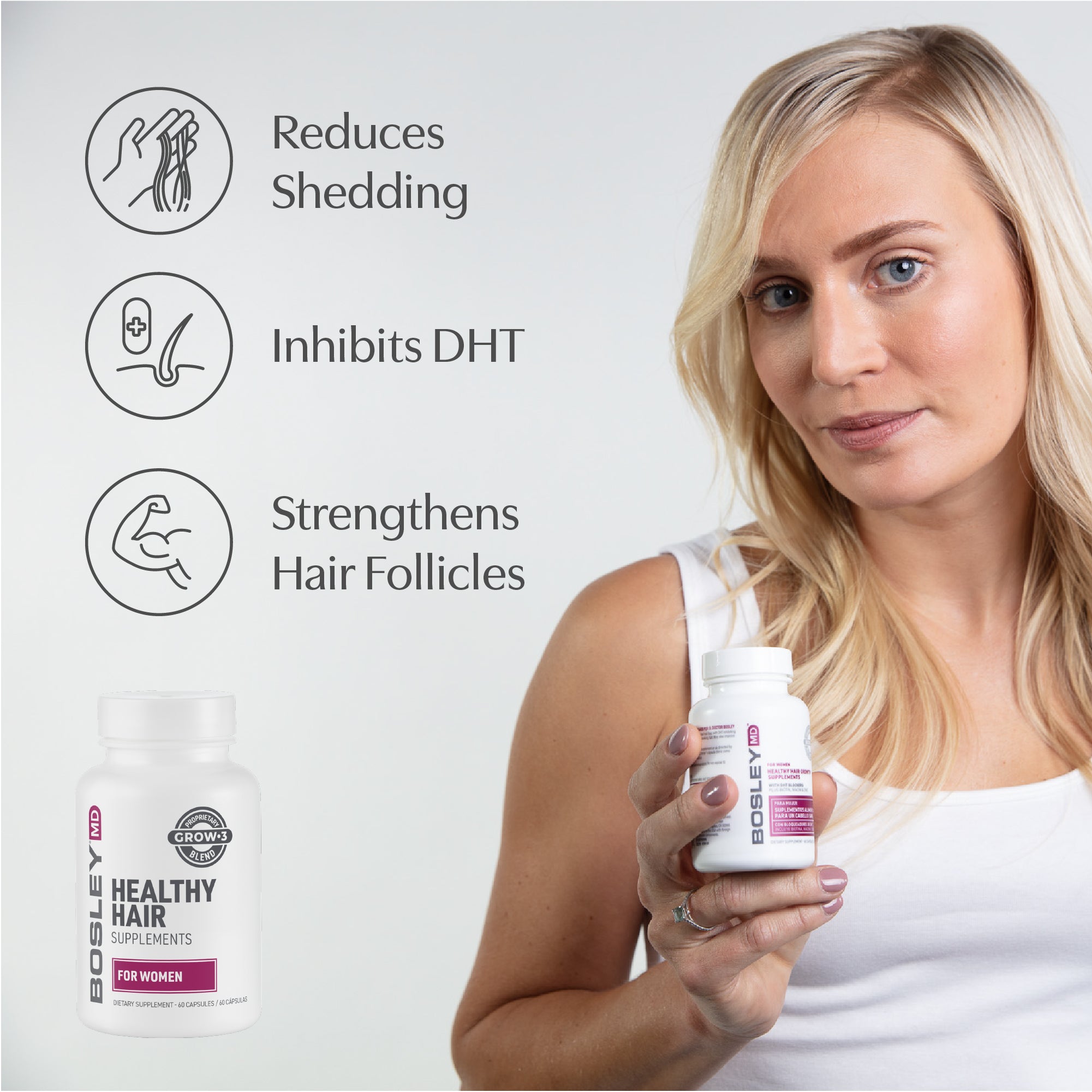 Healthy hair supplements for women. Reduces shedding, inhibits DHT, strengthens hair follicles.