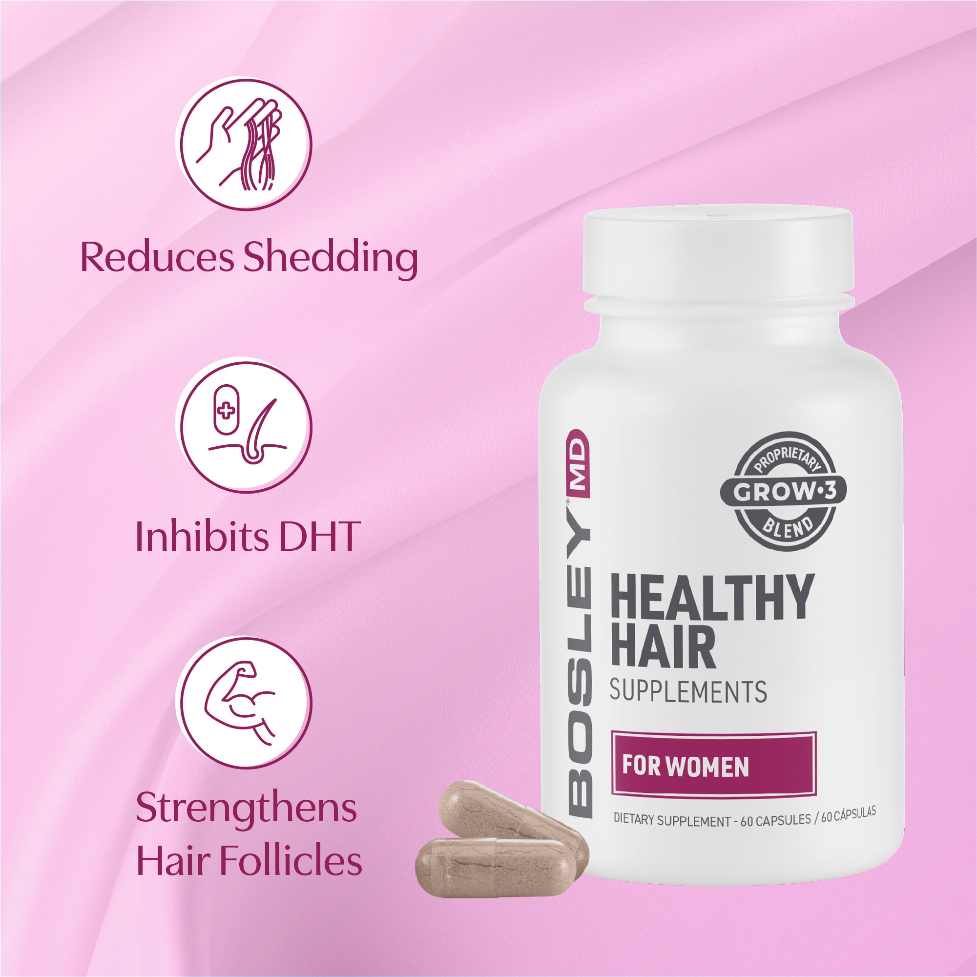 BosleyMD Healthy Hair Supplements for Women. Reduces shedding, inhibits DHT, strengthens hair follicles.