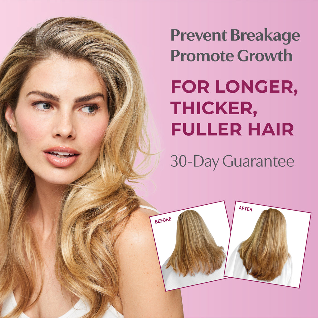 Prevent breakage, promote growth. For longer, thicker, fuller hair. 30-day guarantee.