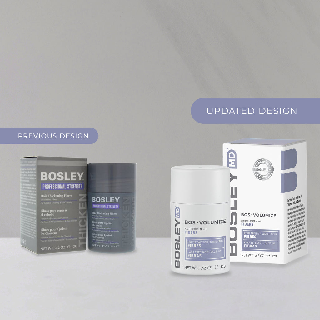 Updated design of BosleyMD Hair Thickening Fibers.