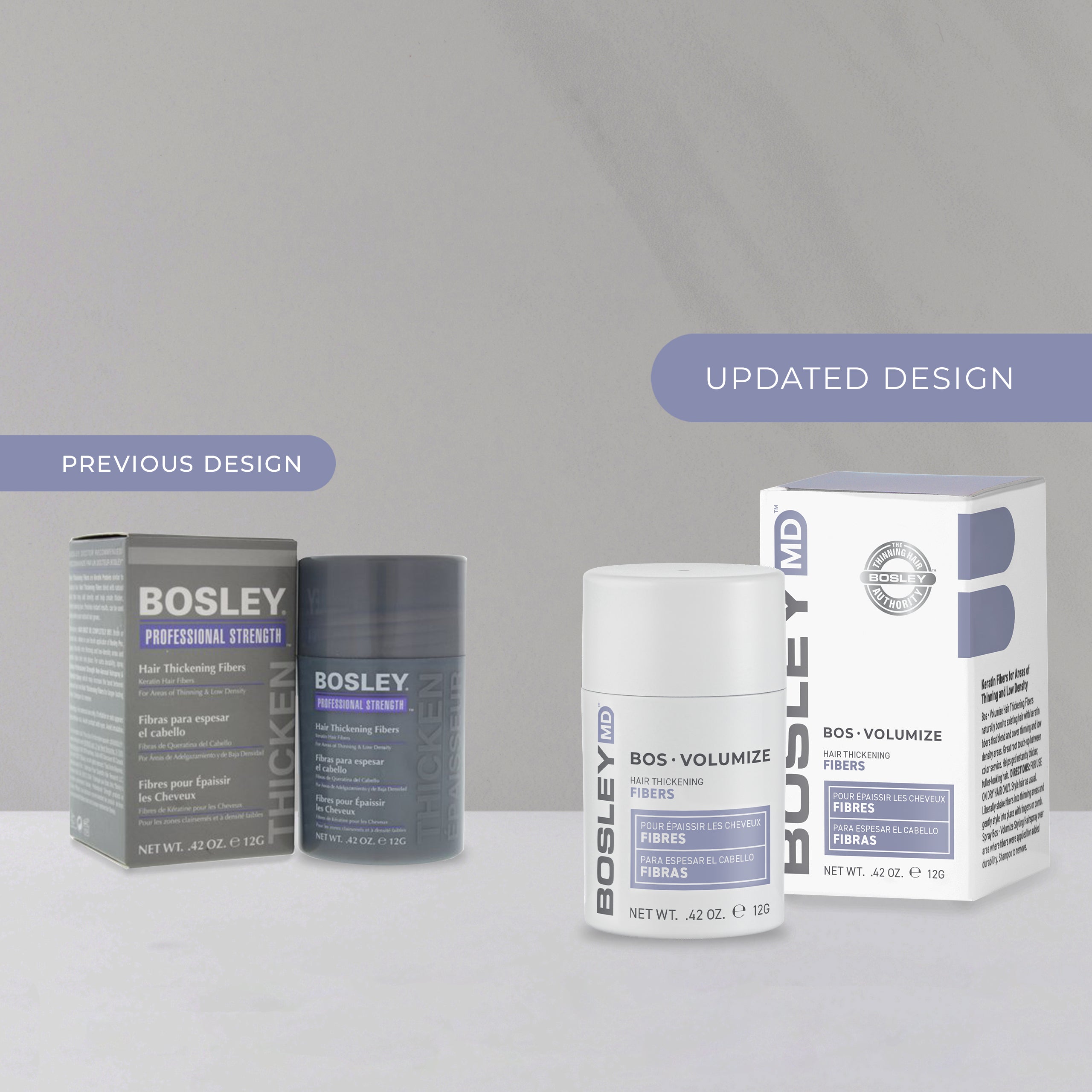 Updated design of BosleyMD Hair Thickening Fibers.